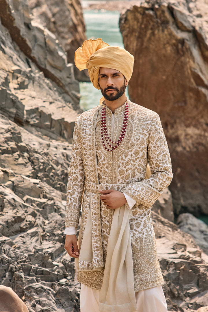 Ivory-Gold Worked Sherwani Set