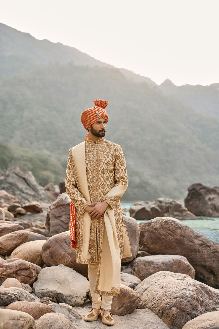 Beige Zardozi Sherwani Set