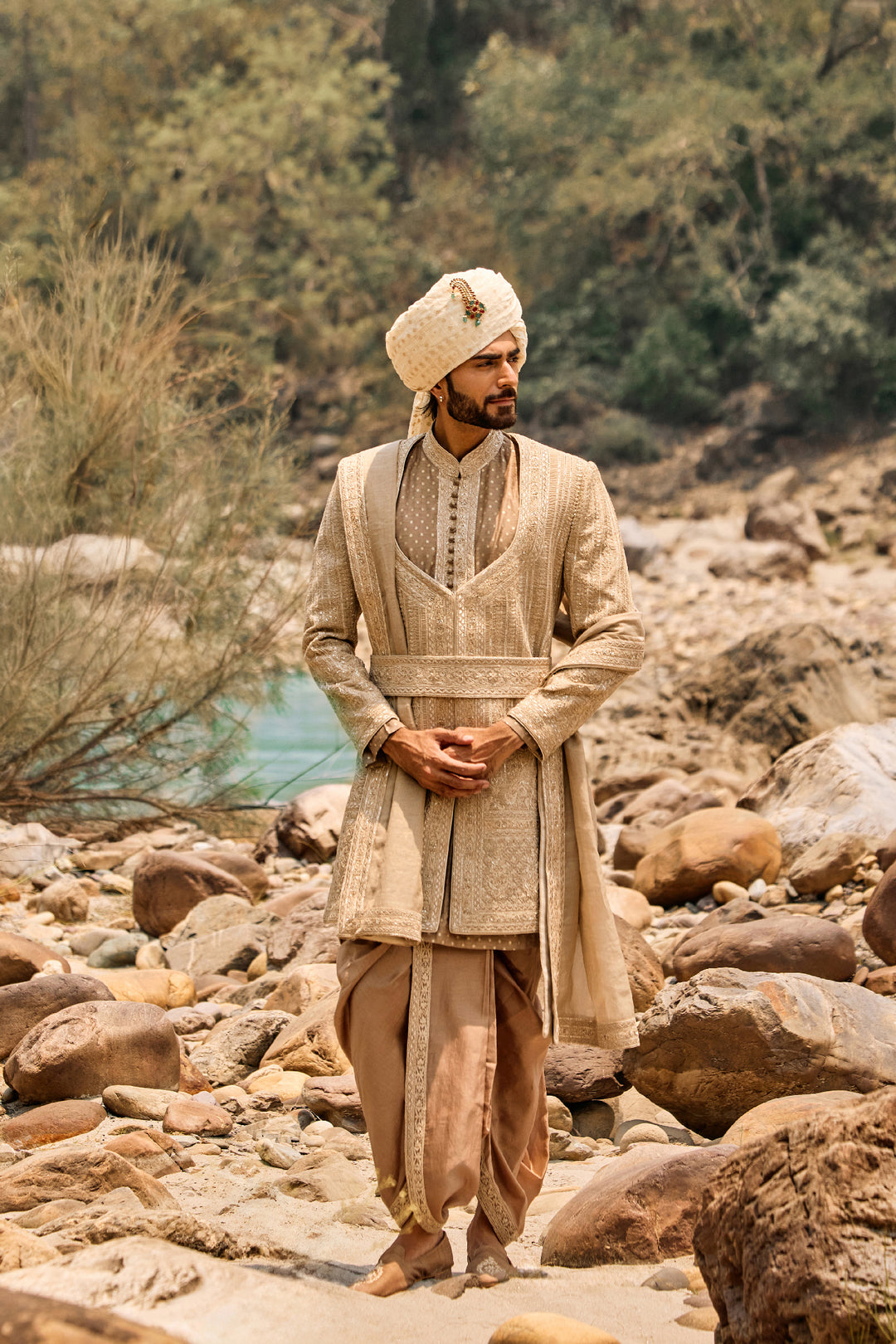 Mocha Worked Sherwani Set With Dhoti