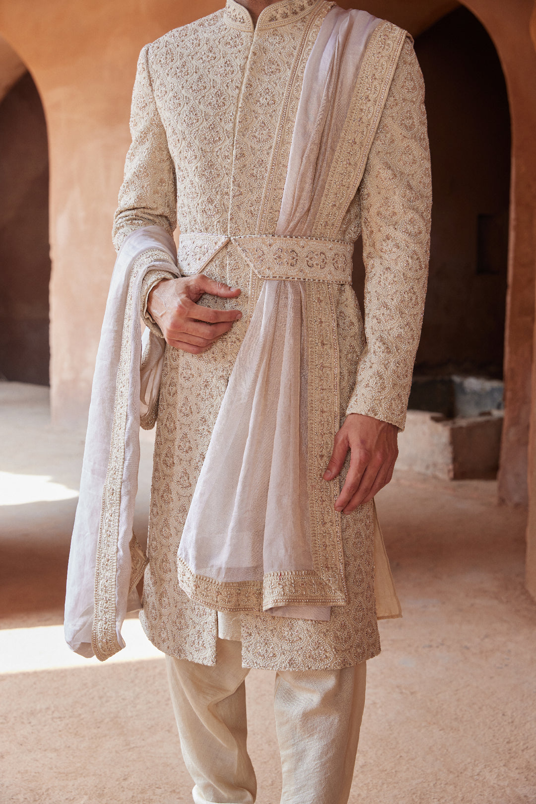 Light Beige Raw Silk Embroidered Sherwani With Monga Tussar Kurta And Churidar