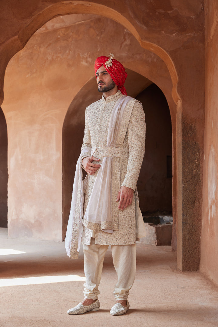 Light Beige Raw Silk Embroidered Sherwani With Monga Tussar Kurta And Churidar
