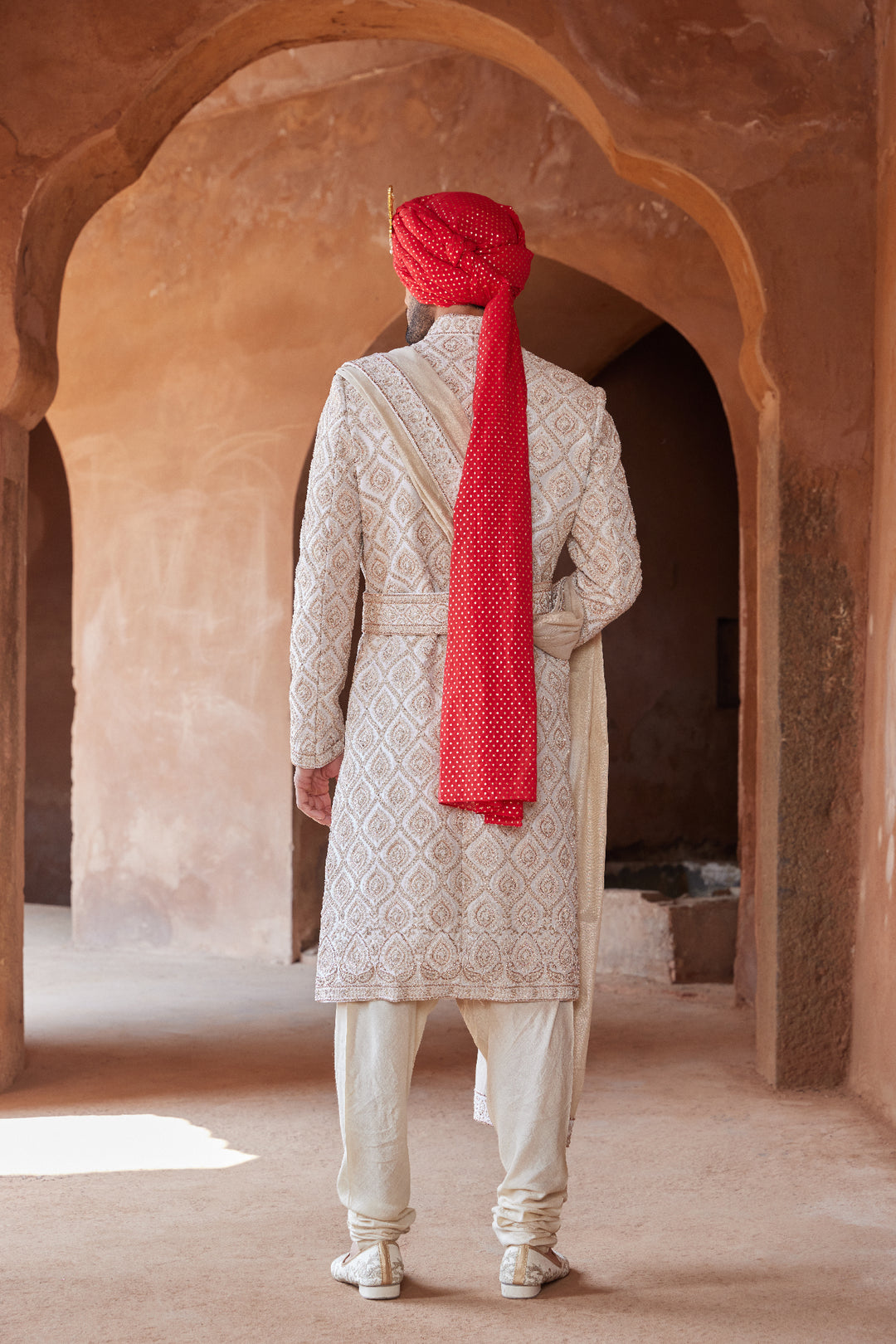 Ivory Tafetta Sherwani With Monga Silk Kurta And Churidar