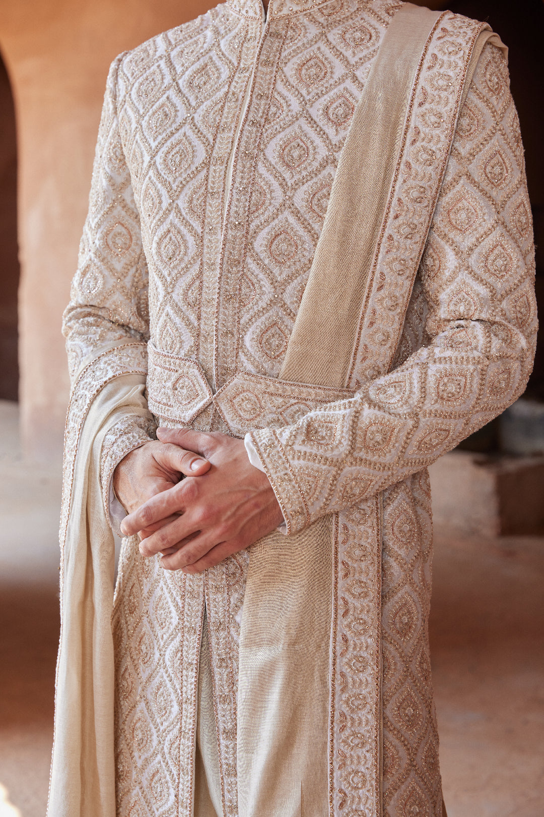 Ivory Tafetta Sherwani With Monga Silk Kurta And Churidar