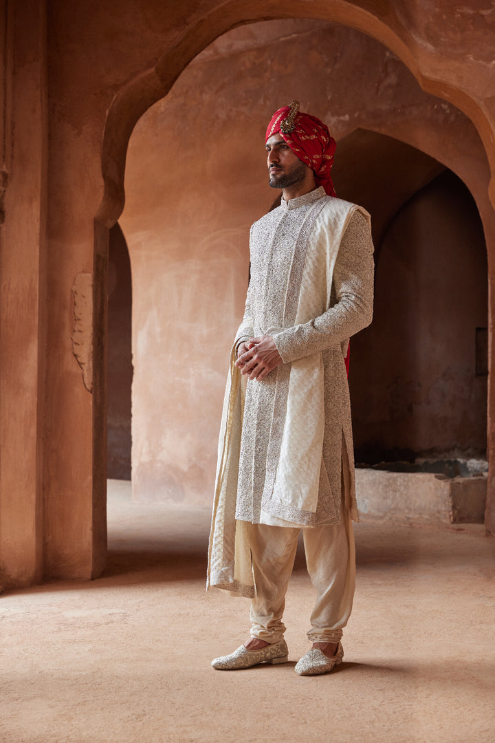 Raw Silk Embroidered Sherwani With Monga Tussar Kurta And Churidar