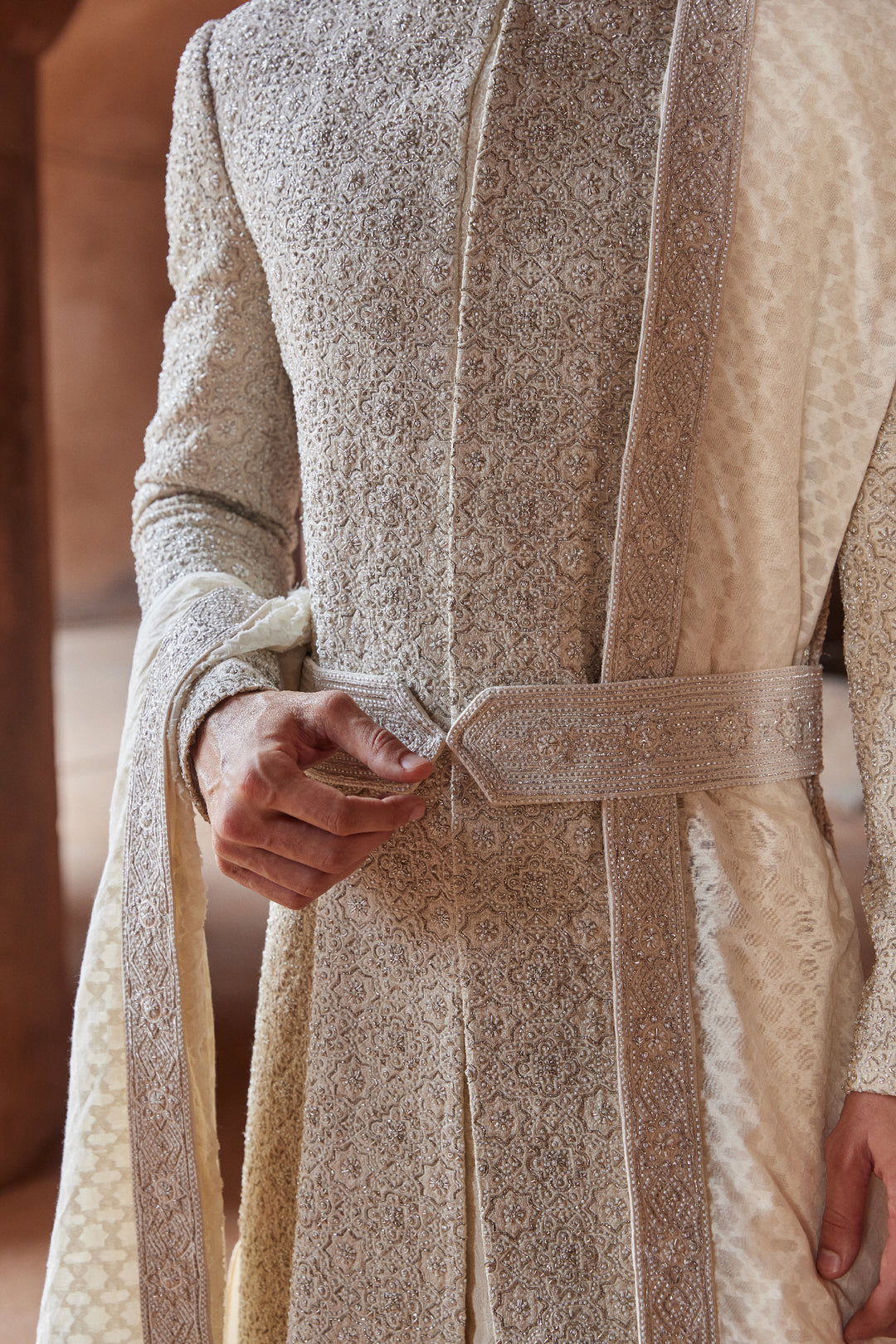 Raw Silk Embroidered Sherwani With Monga Tussar Kurta And Churidar