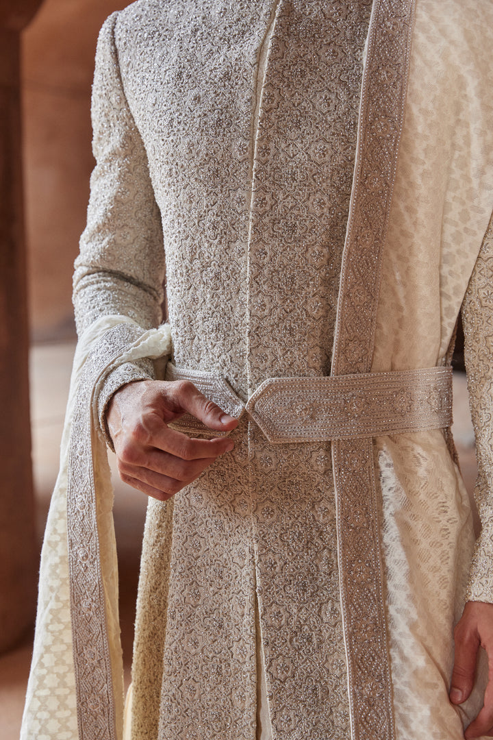 Raw Silk Embroidered Sherwani With Monga Tussar Kurta And Churidar