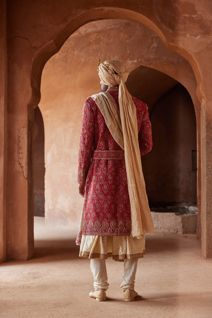 Red Matka Silk Embroidered Sherwani With Beige Monga Tussar Kalidar Kurta And Churidar