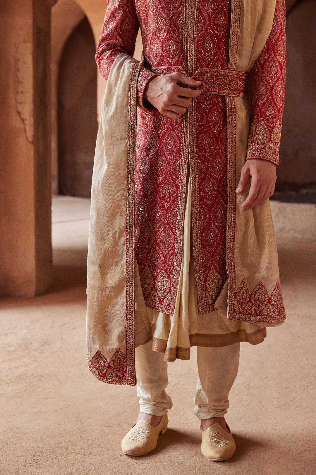 Red Matka Silk Embroidered Sherwani With Beige Monga Tussar Kalidar Kurta And Churidar