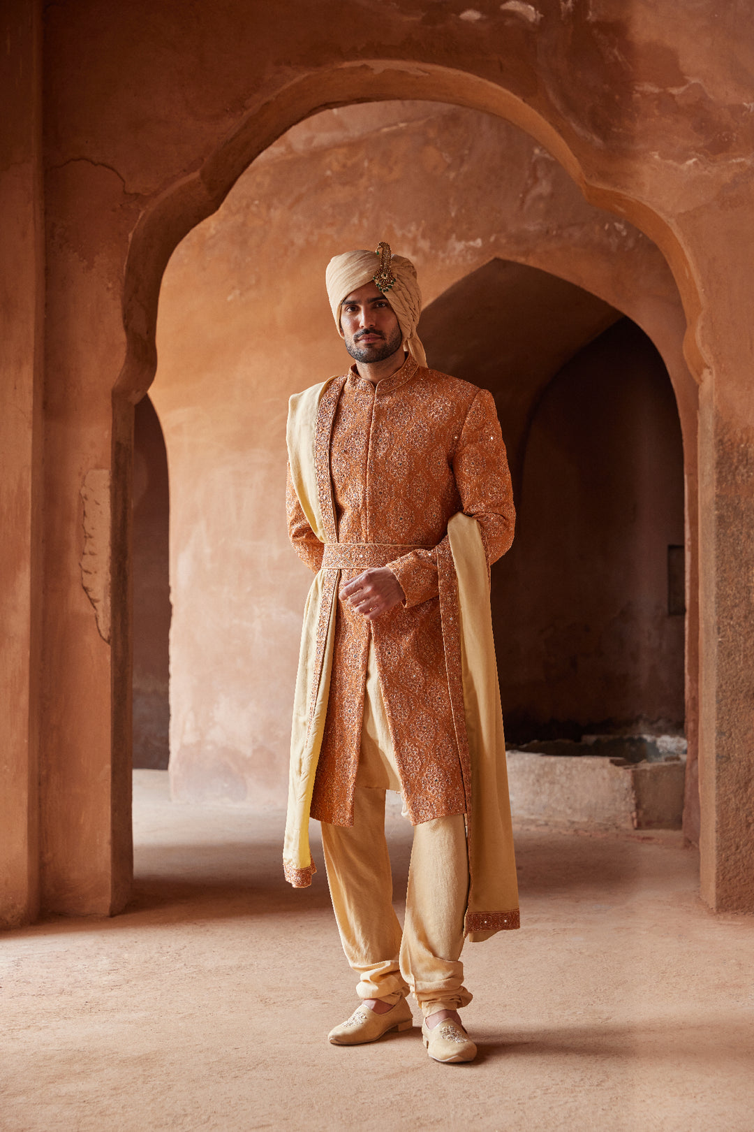 Rust Matka Silk Embroidered Sherwani With Beige Monga Tusaar Kurta Churidar