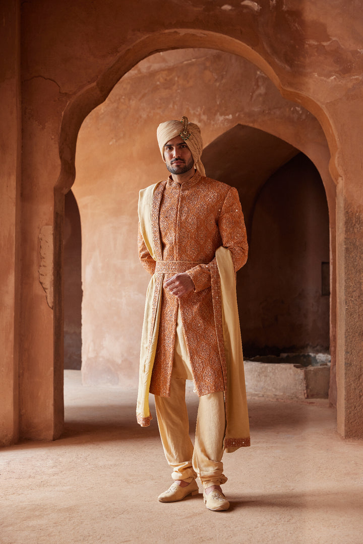 Rust Matka Silk Embroidered Sherwani With Beige Monga Tusaar Kurta Churidar