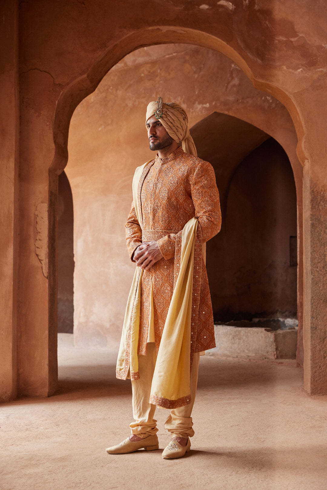 Rust Matka Silk Embroidered Sherwani With Beige Monga Tusaar Kurta Churidar