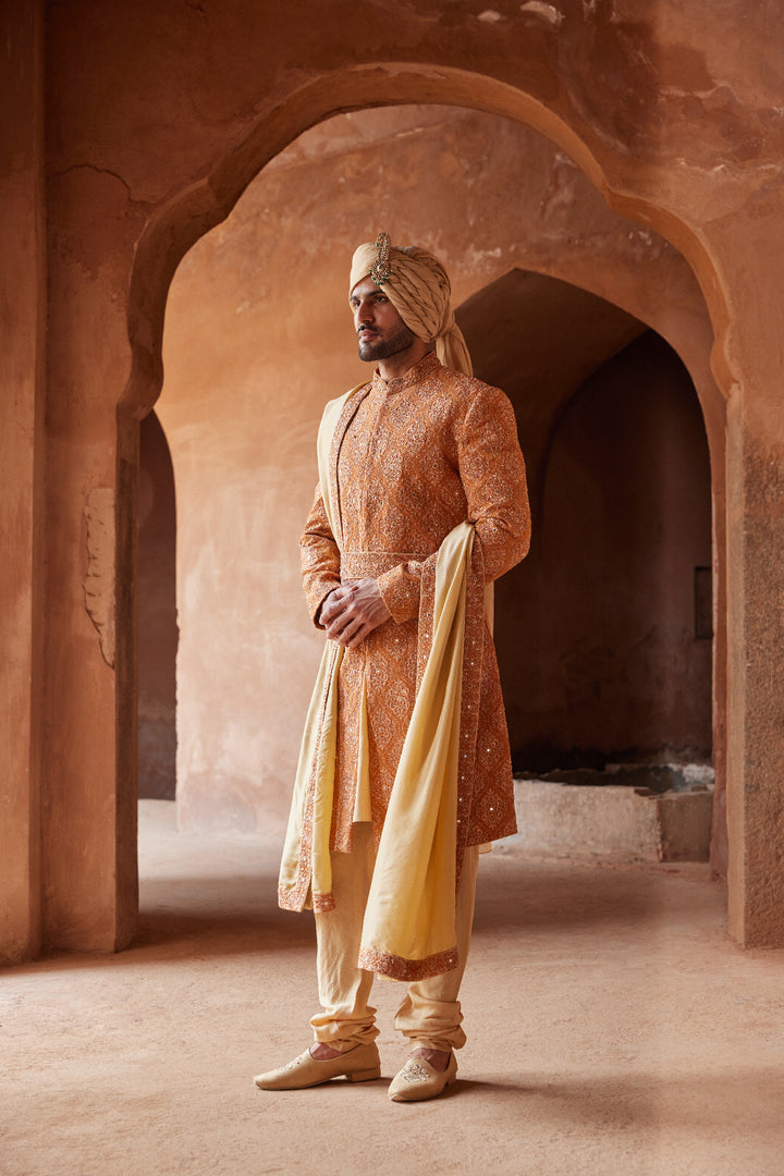 Rust Matka Silk Embroidered Sherwani With Beige Monga Tusaar Kurta Churidar
