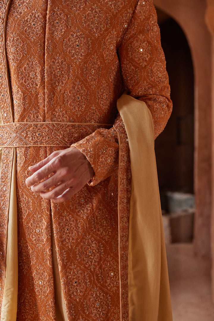 Rust Matka Silk Embroidered Sherwani With Beige Monga Tusaar Kurta Churidar