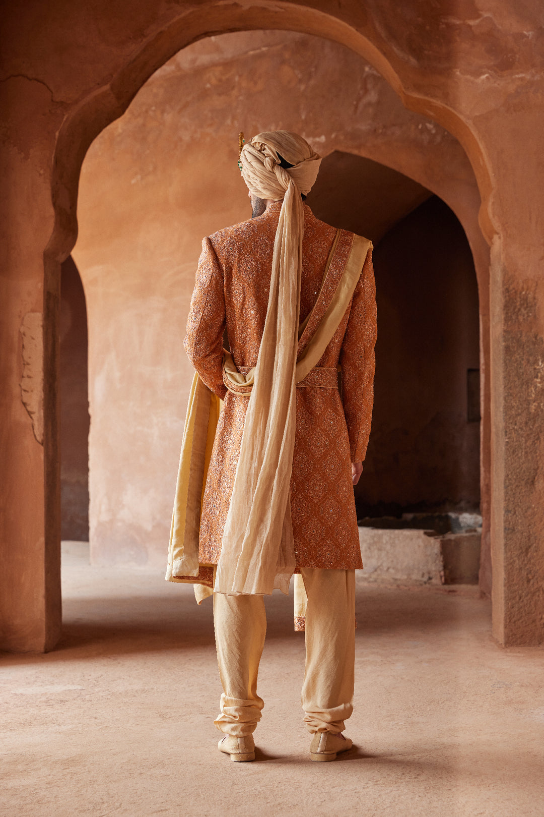 Rust Matka Silk Embroidered Sherwani With Beige Monga Tusaar Kurta Churidar