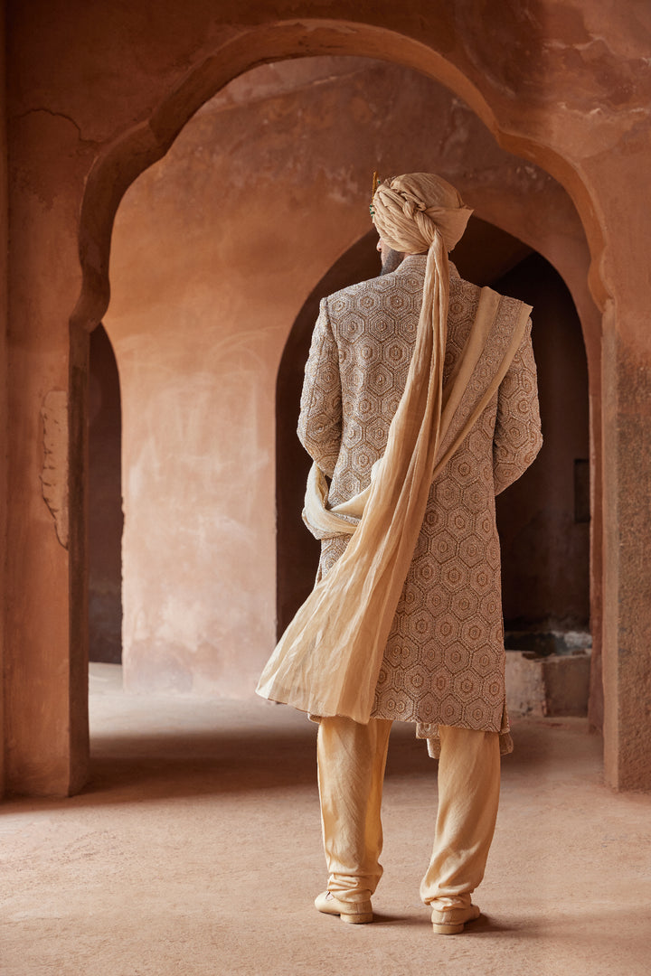 Mustard Matka Silk Embroidered Sherwani With Monga Tussar Kurta Churidar