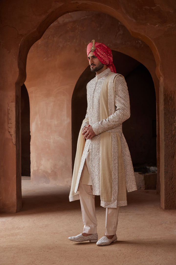Mushroom Raw Silk Embroidered Sherwani With Kurta And Trouser