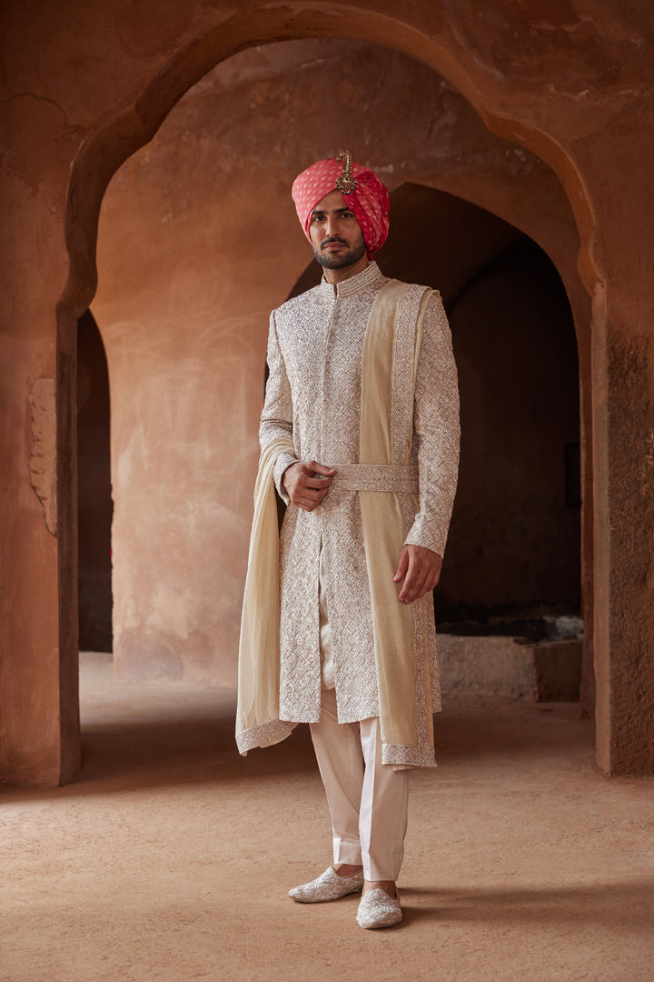 Mushroom Raw Silk Embroidered Sherwani With Kurta And Trouser