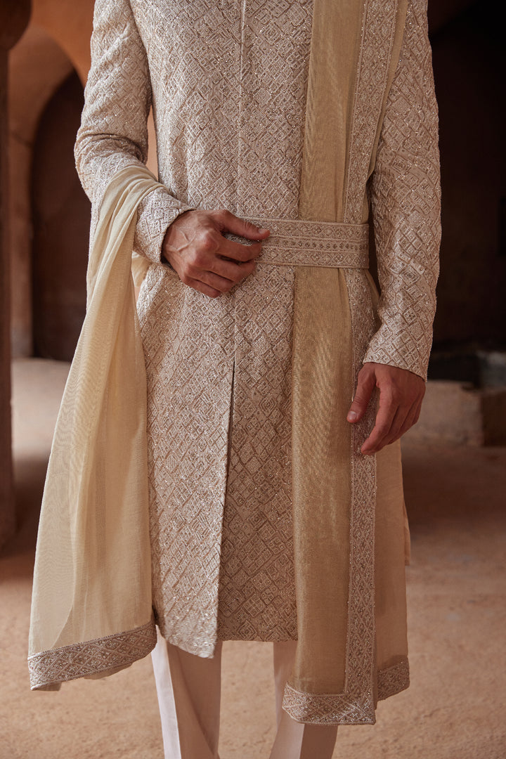 Mushroom Raw Silk Embroidered Sherwani With Kurta And Trouser