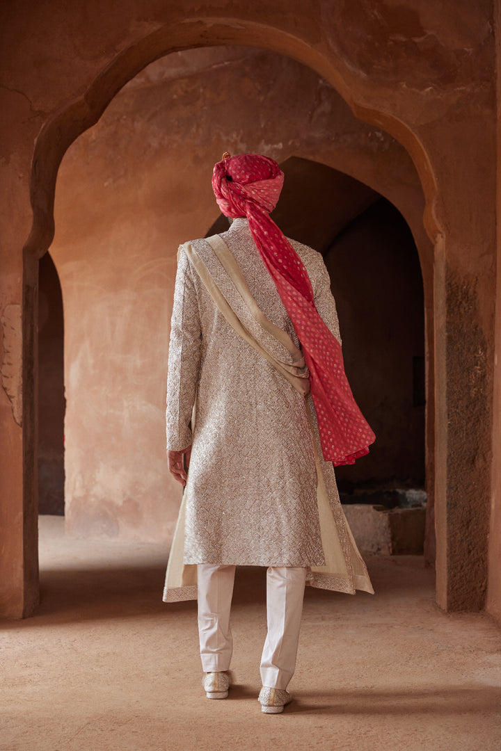 Mushroom Raw Silk Embroidered Sherwani With Kurta And Trouser