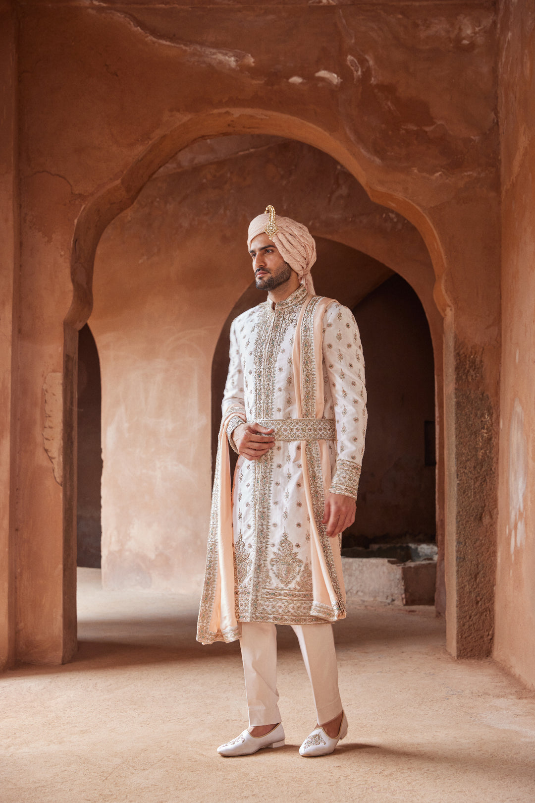 Blush Pink Tafetta Silk Embroidered Sherwani With A Monga Tussar Kurta And Cotton Lycra Trouser
