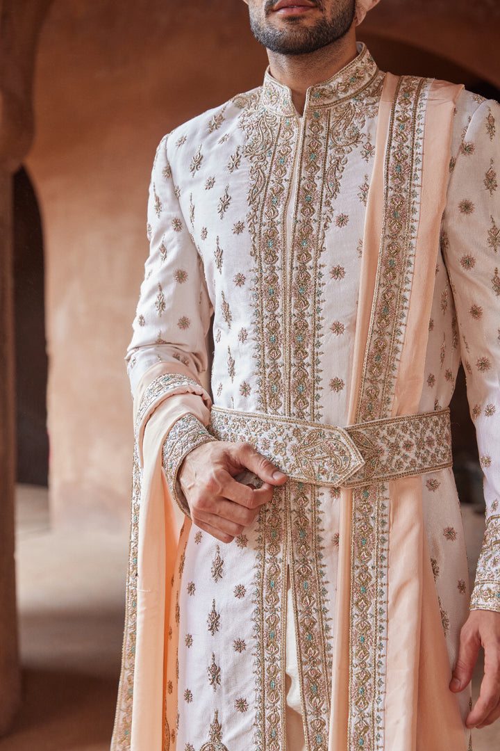 Blush Pink Tafetta Silk Embroidered Sherwani With A Monga Tussar Kurta And Cotton Lycra Trouser