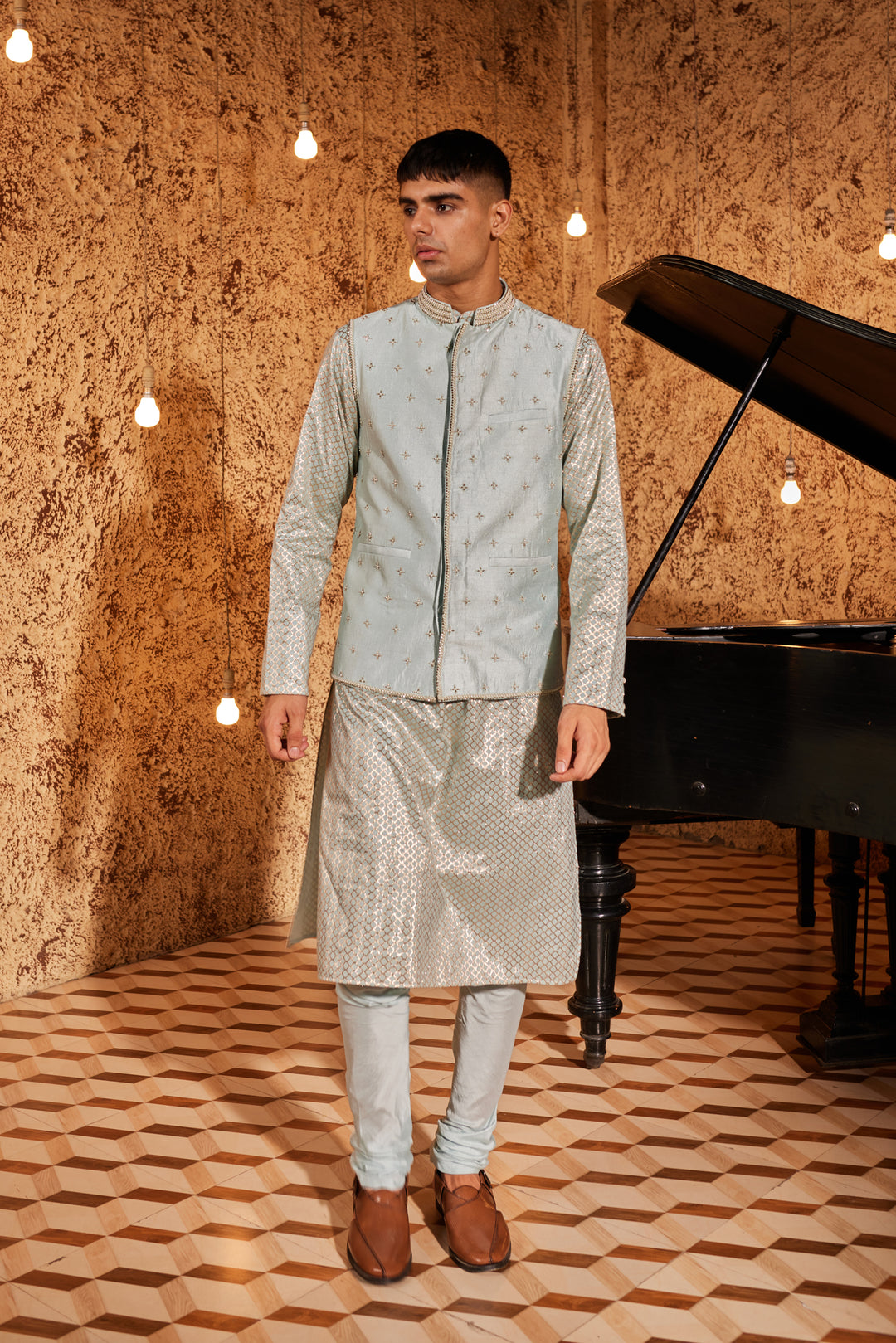 Aqua Kurta Set With Silk Bandi