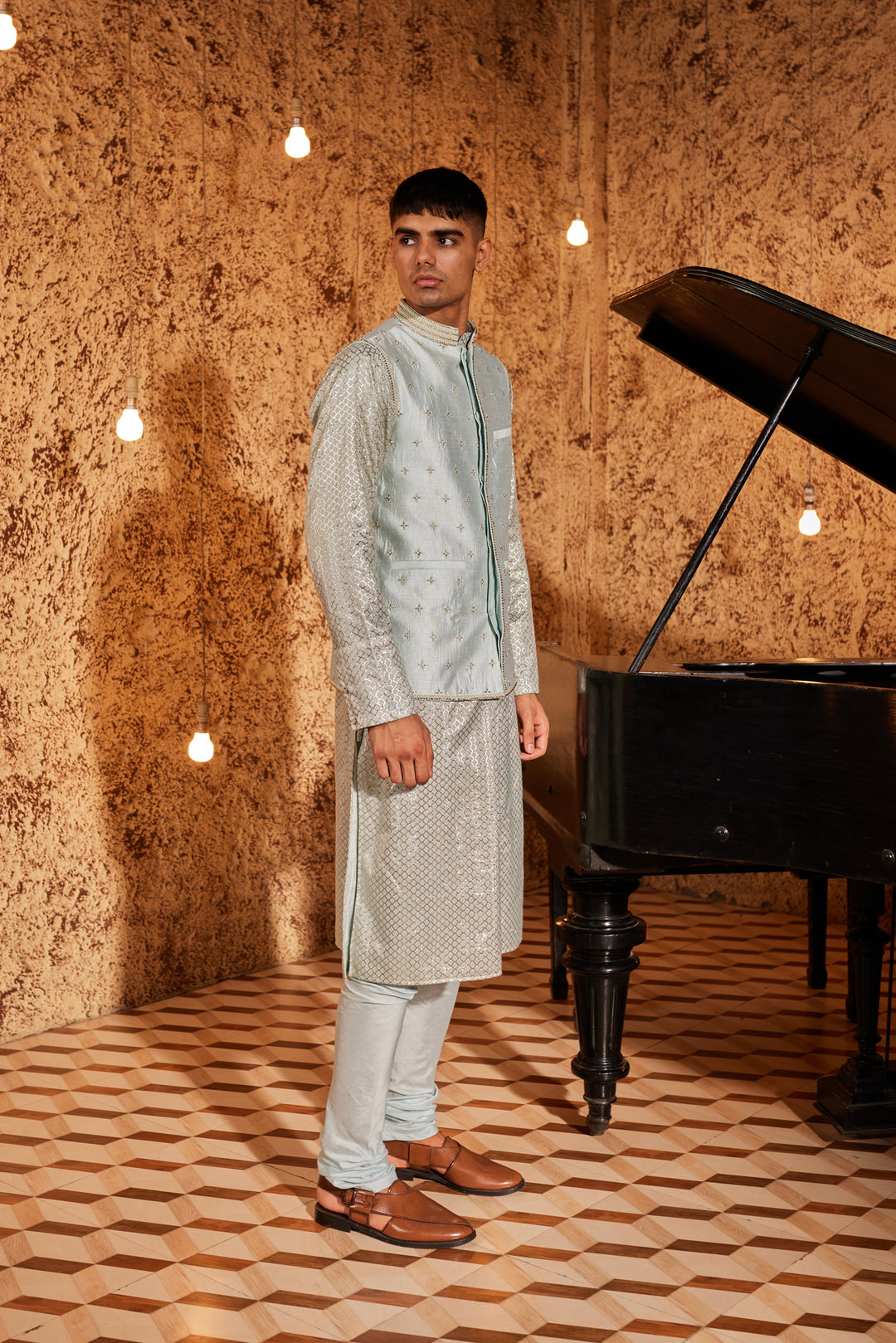 Aqua Kurta Set With Silk Bandi