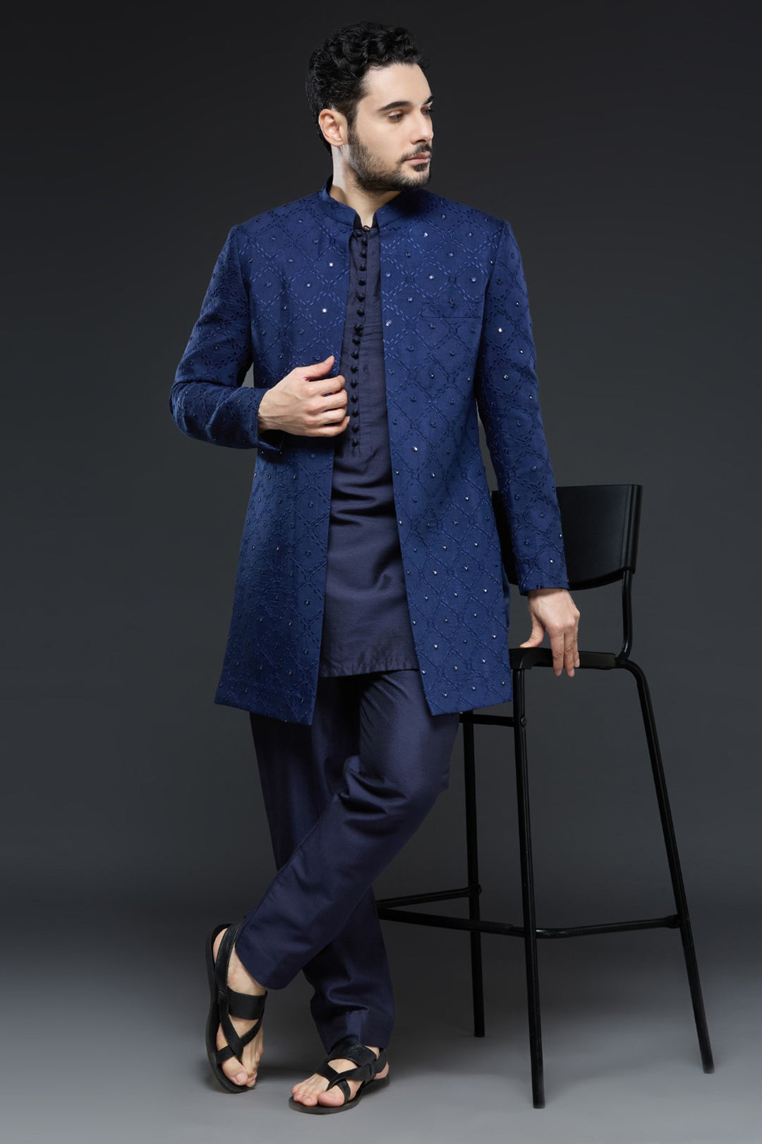 Navy Blue Mirror Sherwani Set