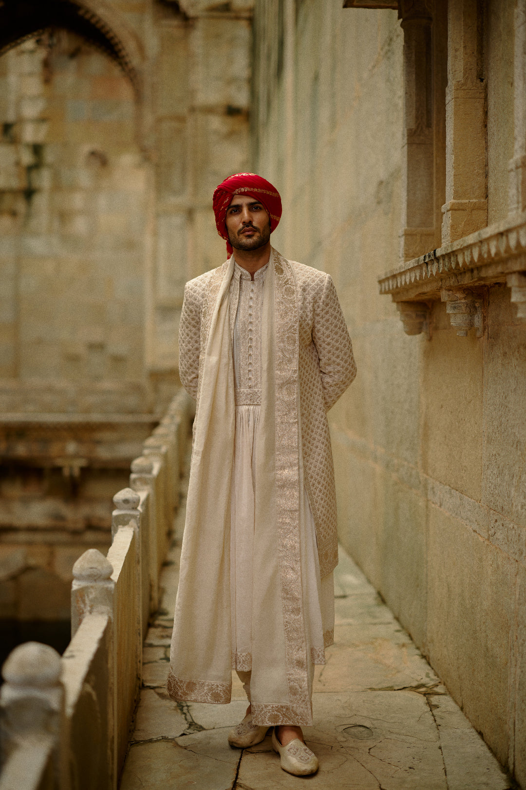 Cream Sherwani Jacket With Choga And Churidar Set