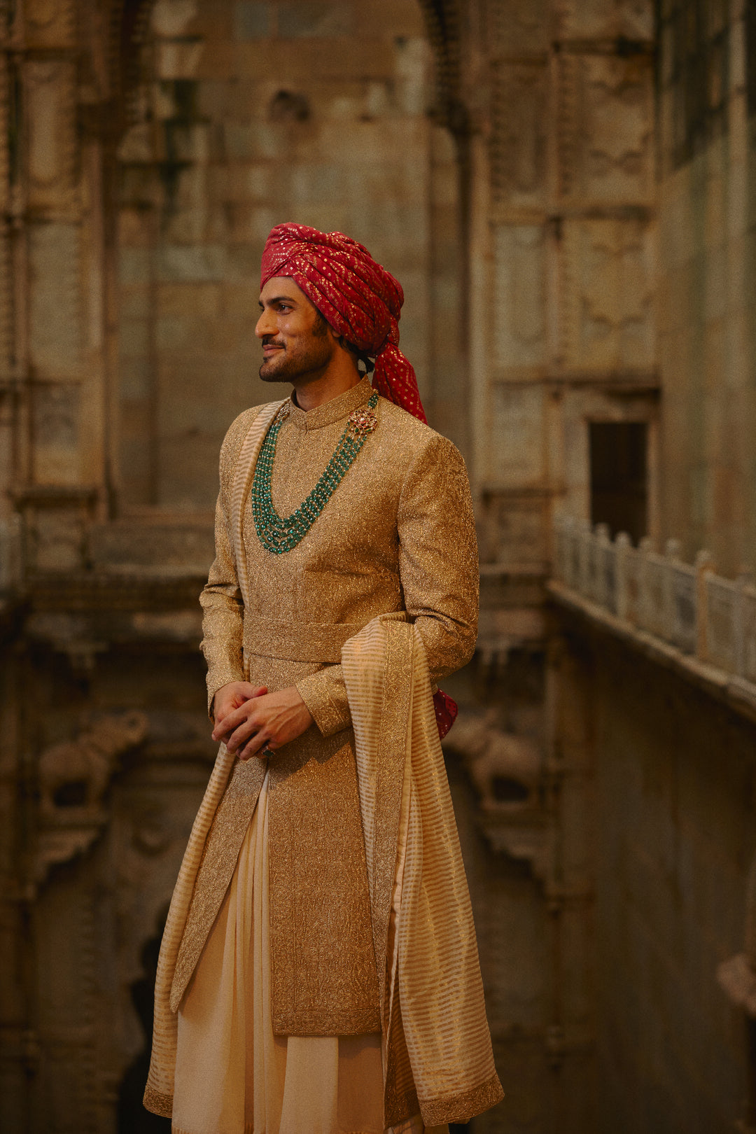 Salmon Matka Sherwani Beige Kurta Churidar Set