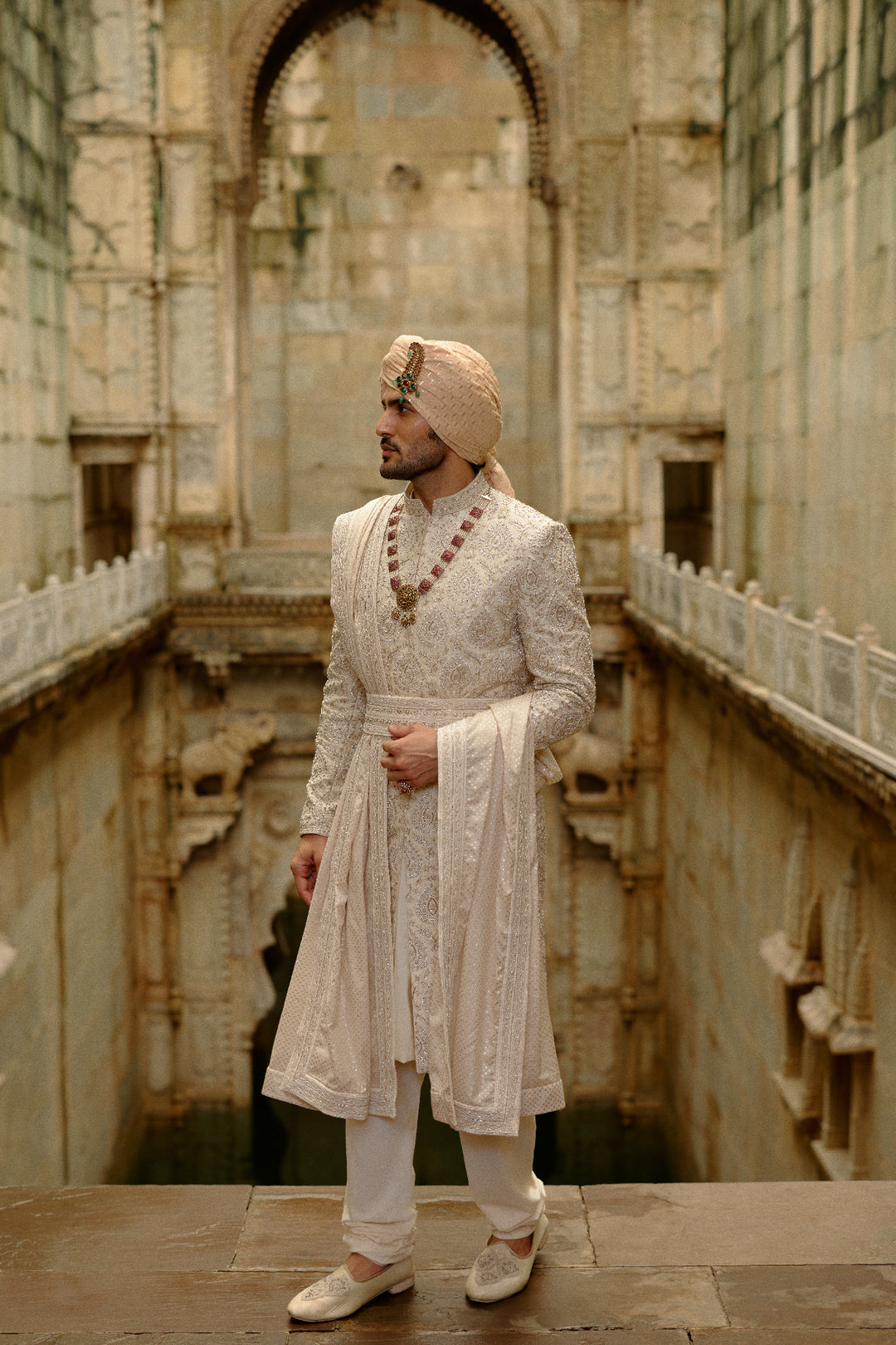 Light Beige Raw Silk Sherwani Set
