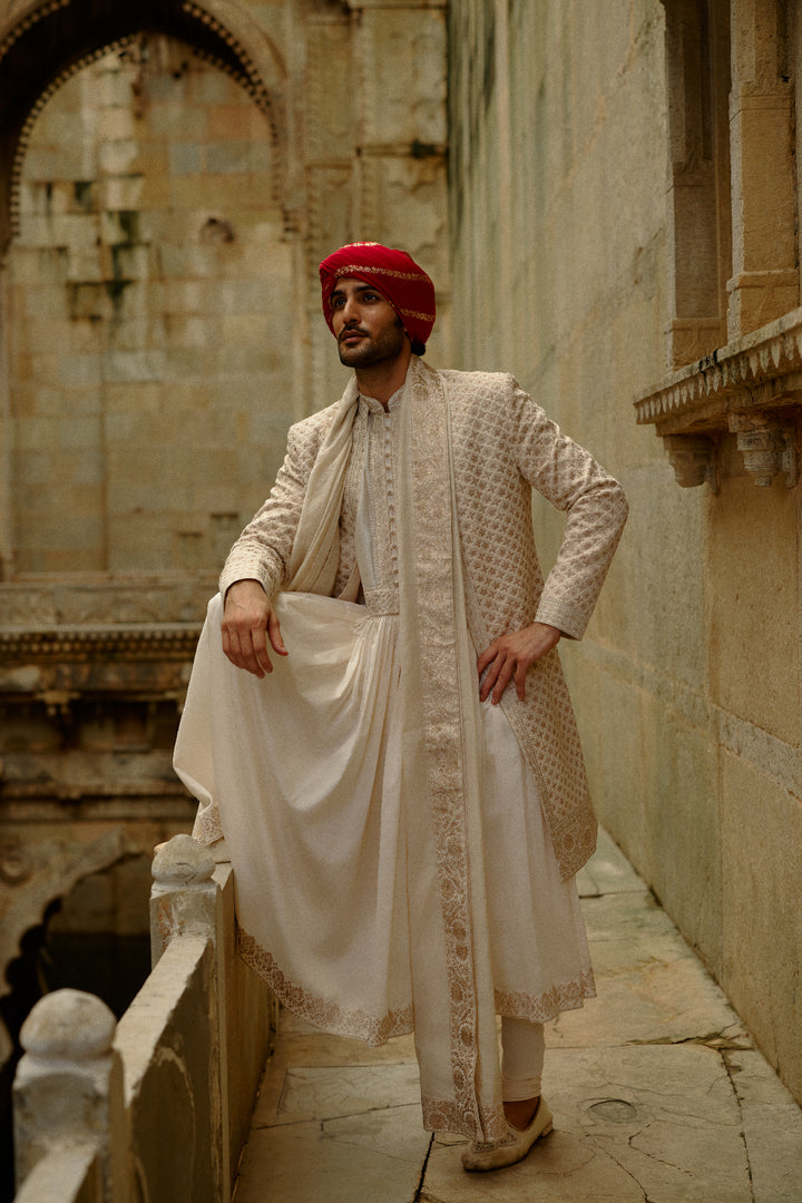 Cream Sherwani Jacket With Choga And Churidar Set