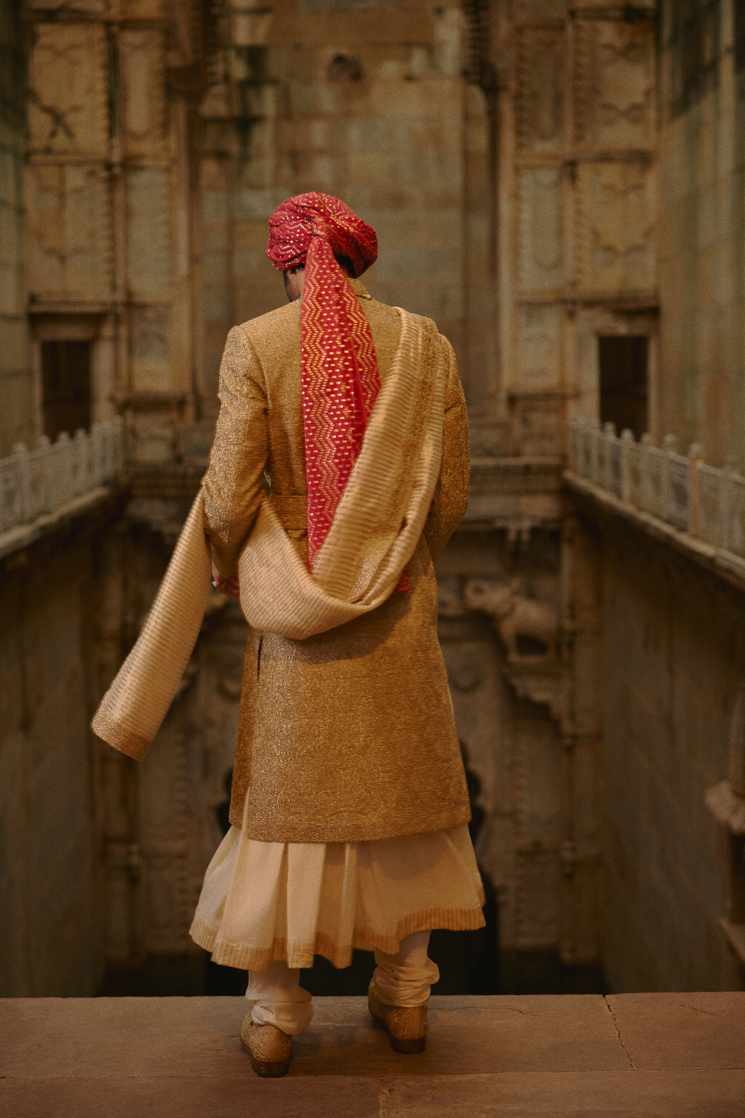 Salmon Matka Sherwani Beige Kurta Churidar Set