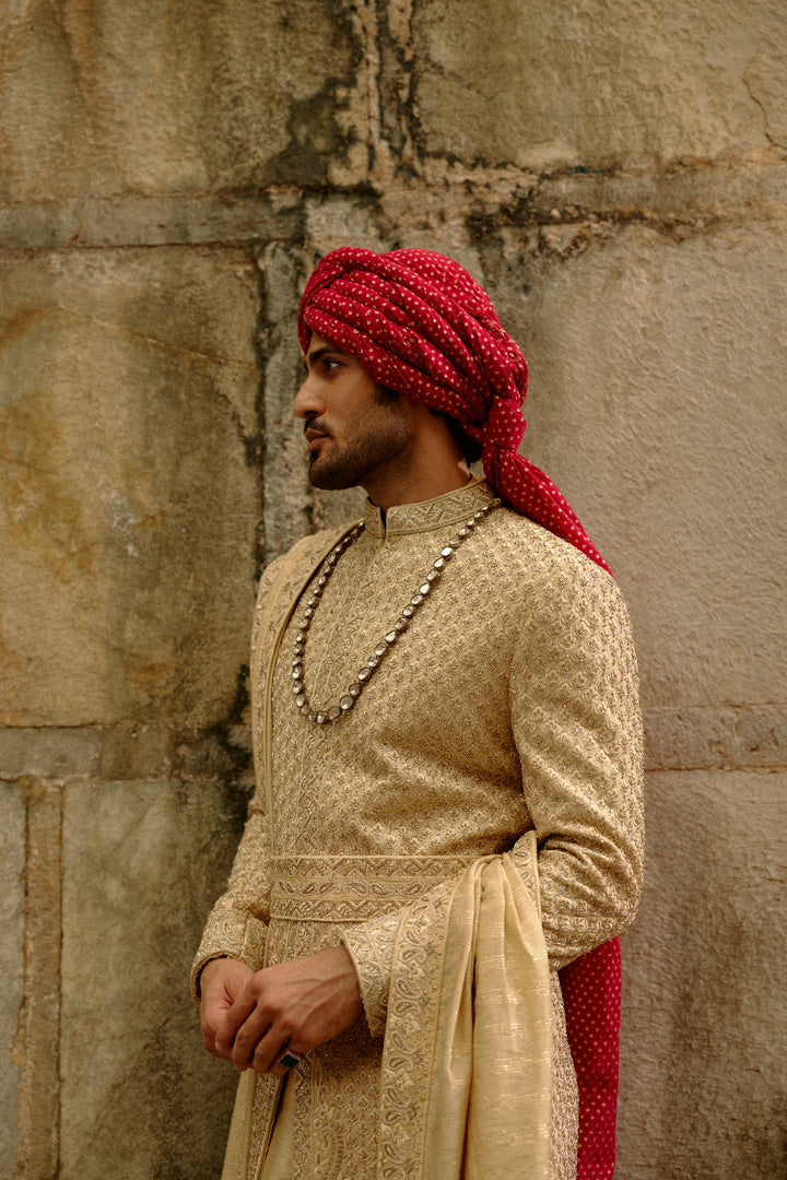 Gold Zardozi Raw Silk Sherwani Set