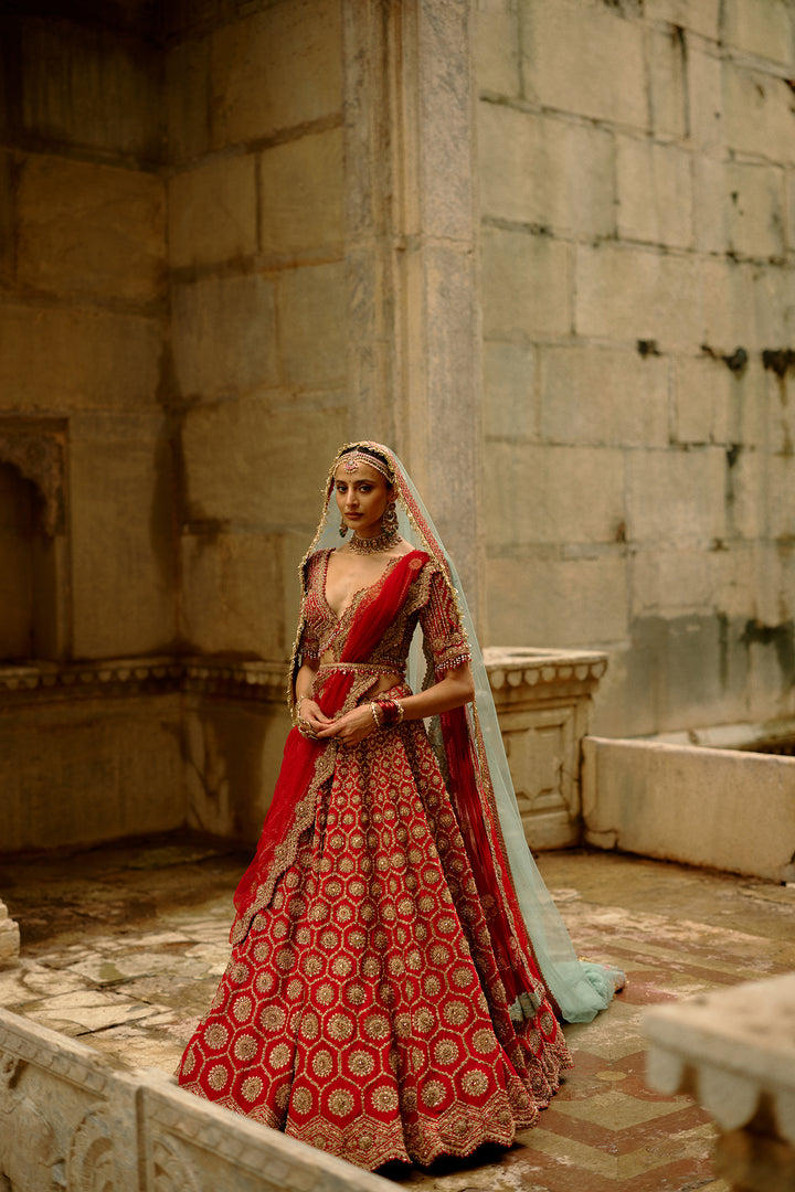 Red Hexagon Lehenga