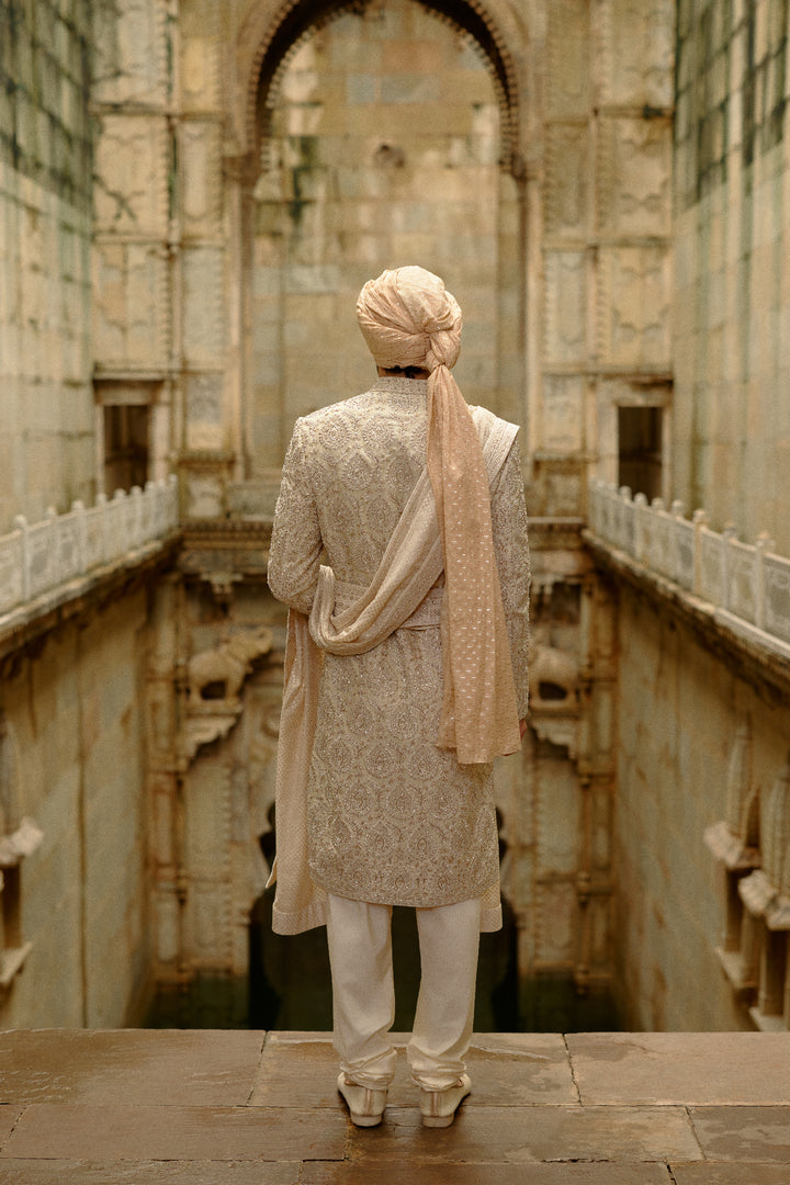 Light Beige Raw Silk Sherwani Set