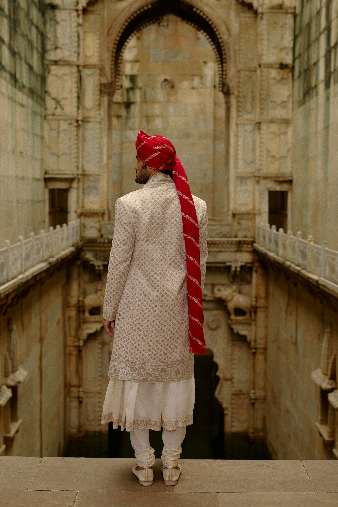 Cream Sherwani Jacket With Choga And Churidar Set