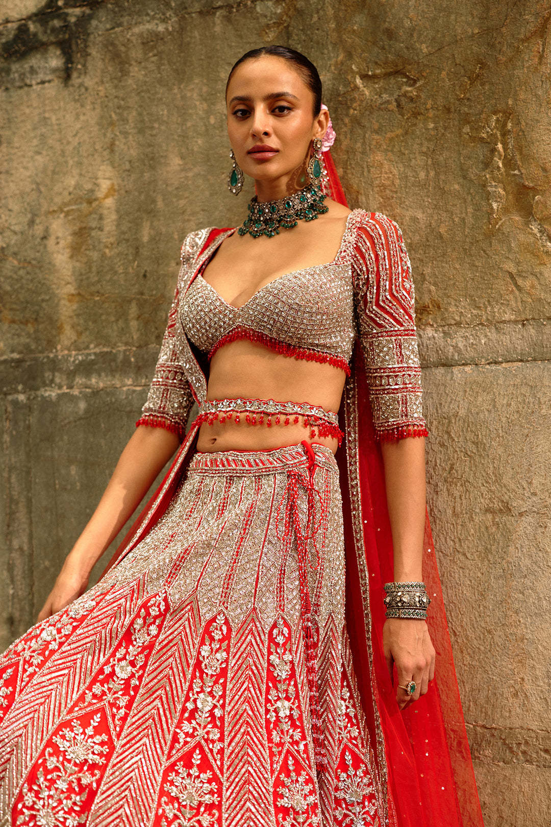 Red-Silver Tara Lehenga