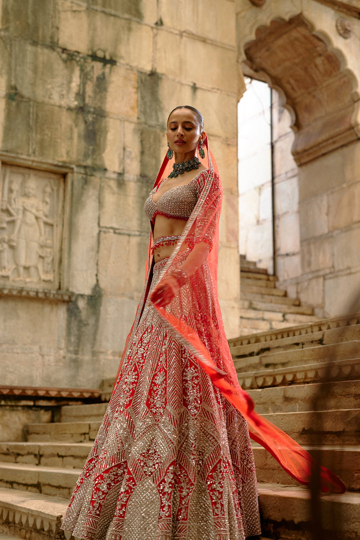 Red-Silver Tara Lehenga