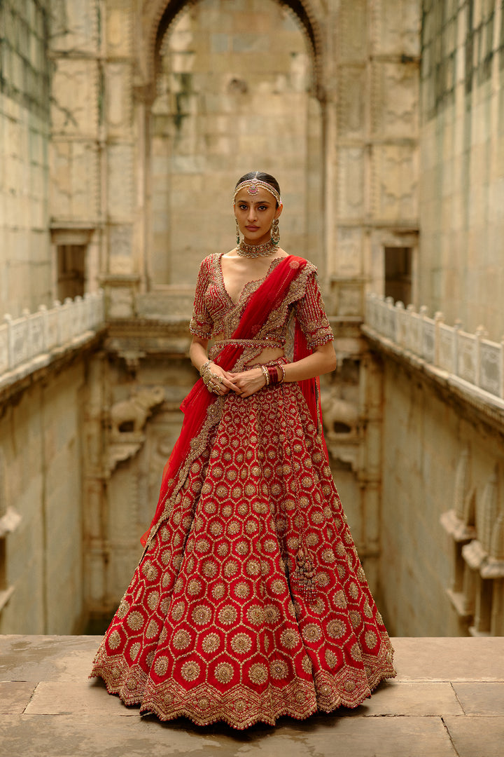 Red Hexagon Lehenga