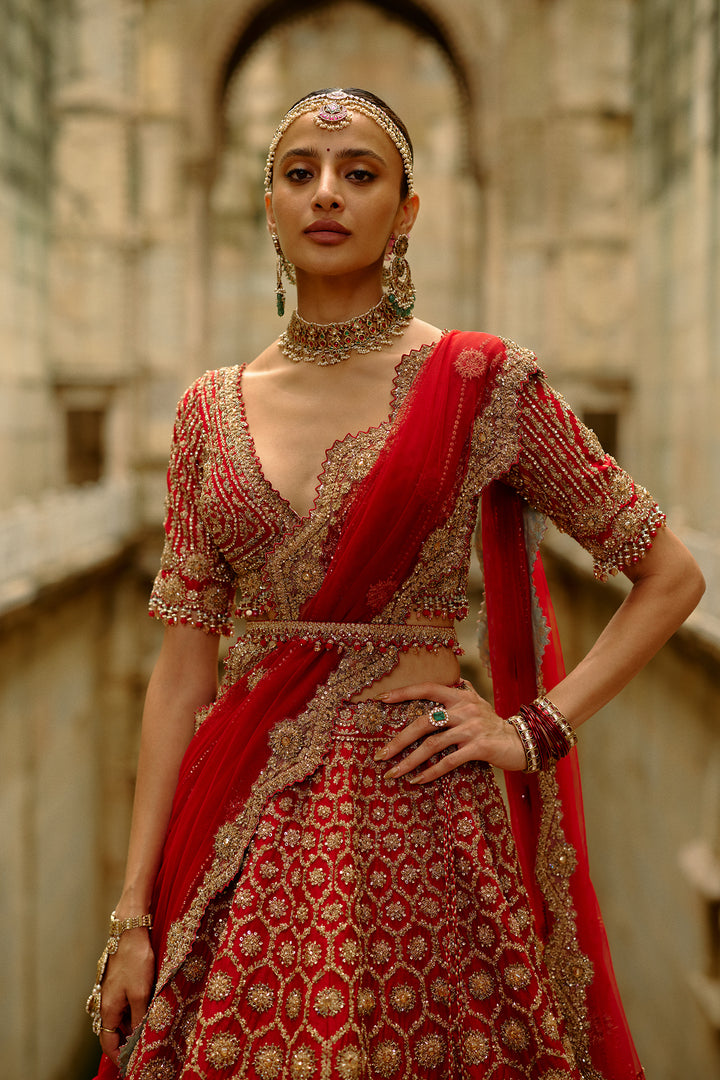 Red Hexagon Lehenga