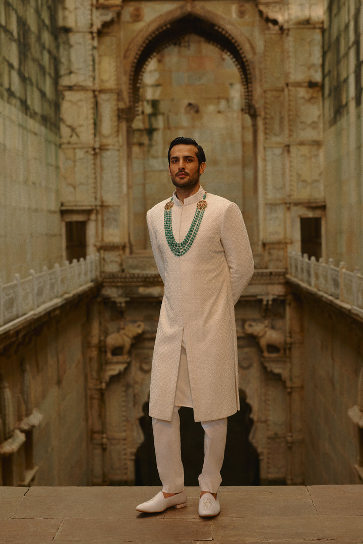 Ivory All Over Geometric Embroidered Sherwani Set