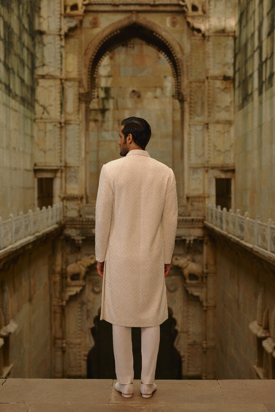 Ivory All Over Geometric Embroidered Sherwani Set