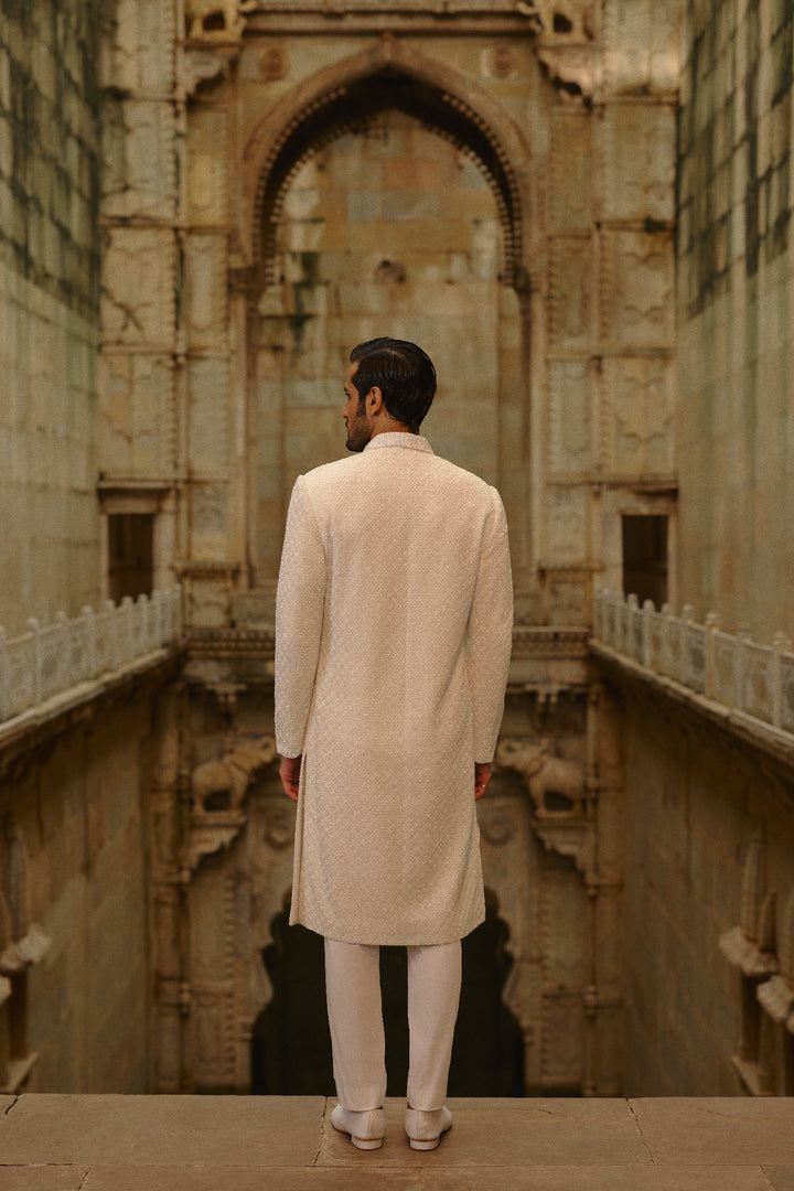 Ivory All Over Geometric Embroidered Sherwani Set
