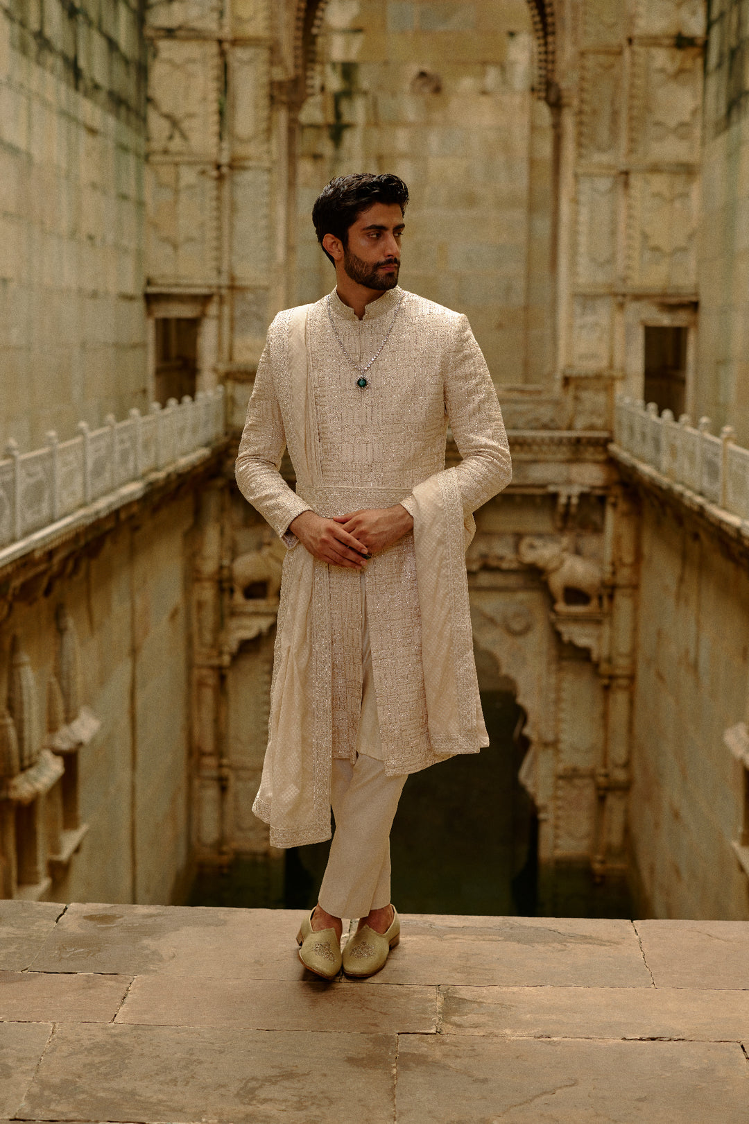 Beige Geometric Embroidered Raw Silk Sherwani Set