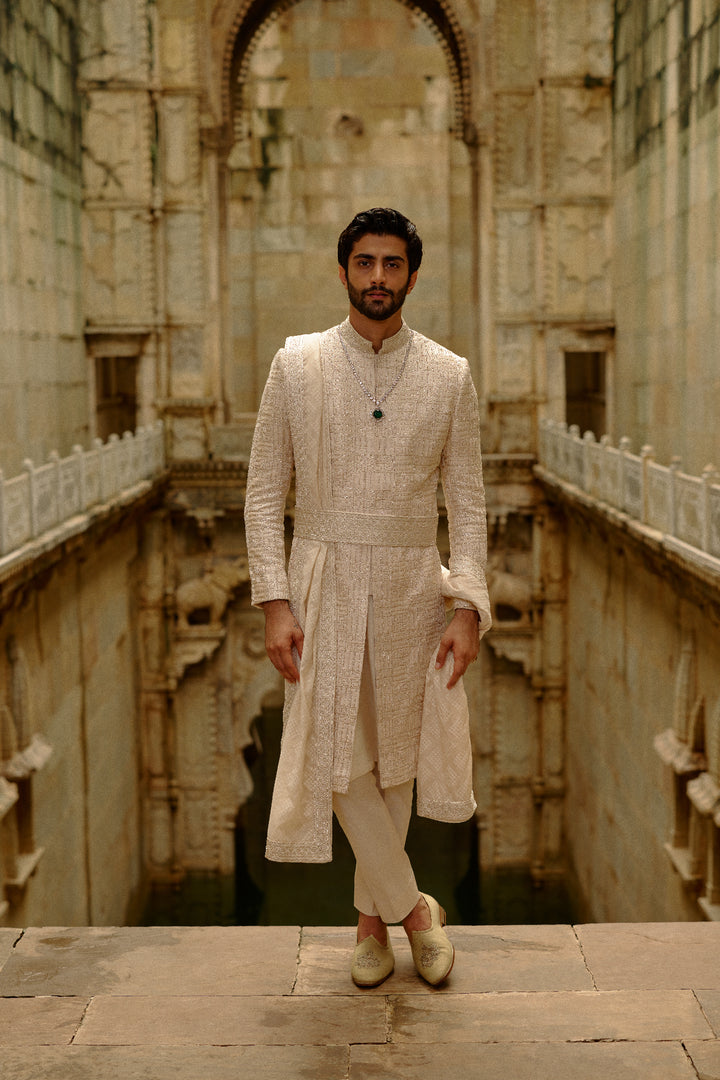 Beige Geometric Embroidered Raw Silk Sherwani Set