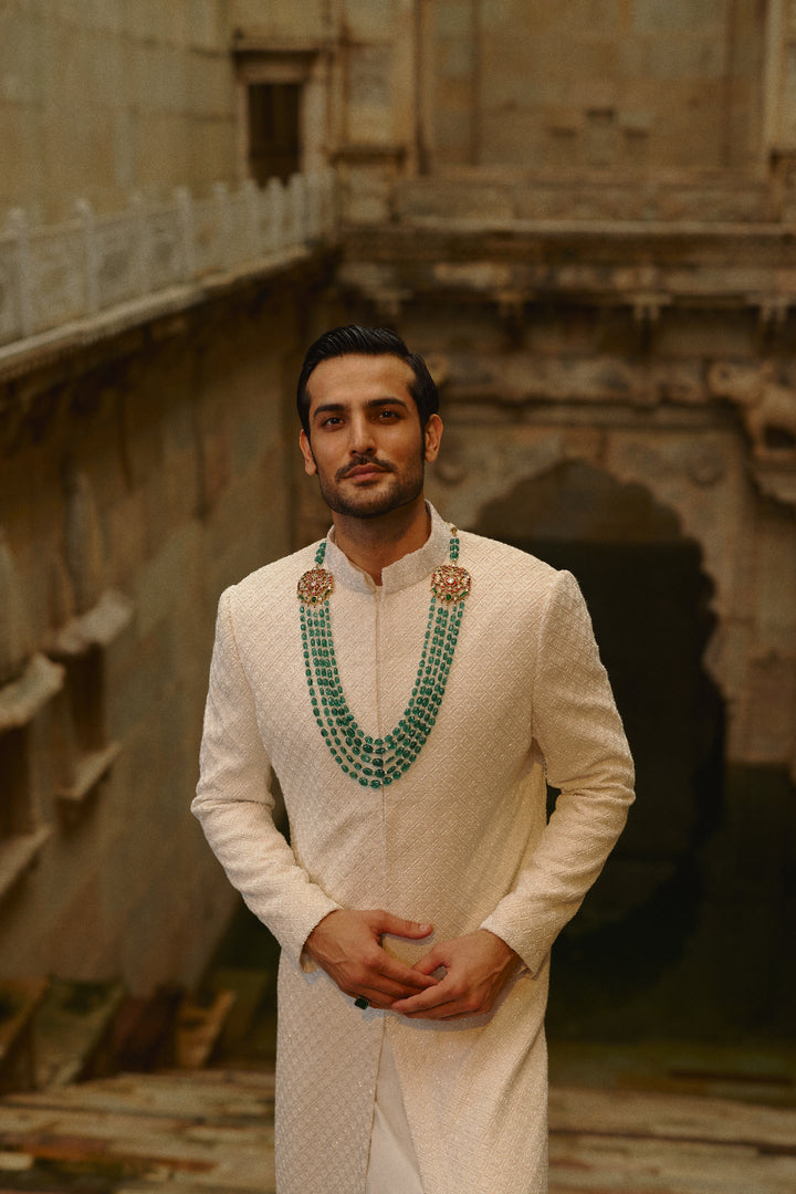 Ivory All Over Geometric Embroidered Sherwani Set