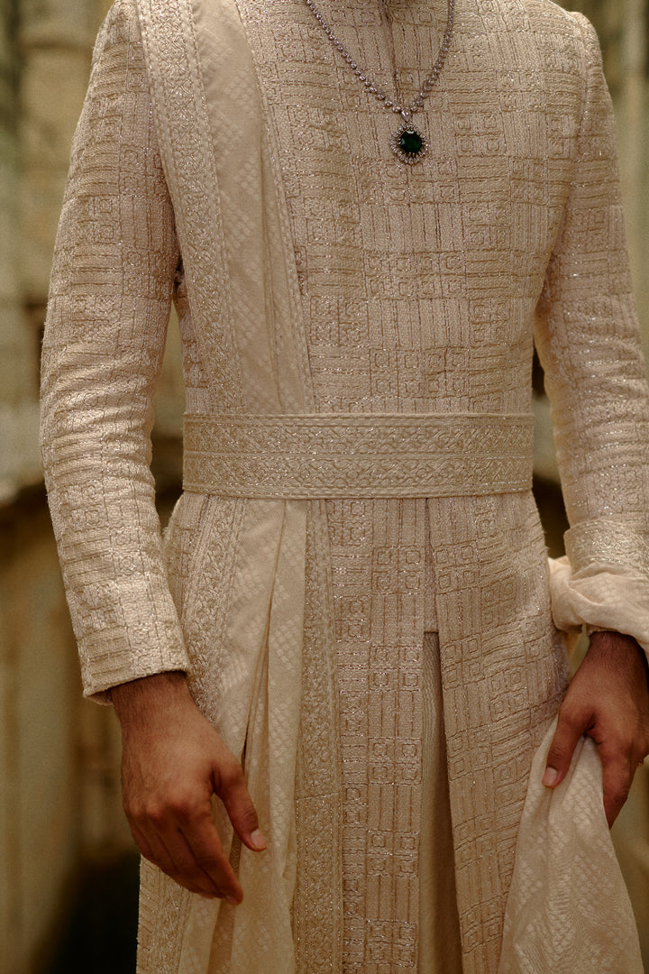 Beige Geometric Embroidered Raw Silk Sherwani Set