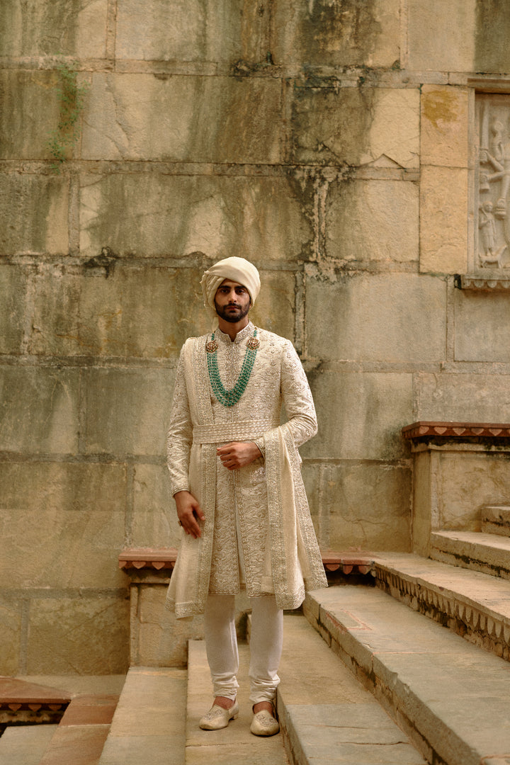 Linen Silk Brocade Zardozi Sherwani Set