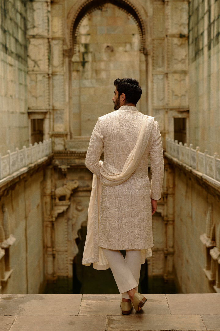 Beige Geometric Embroidered Raw Silk Sherwani Set